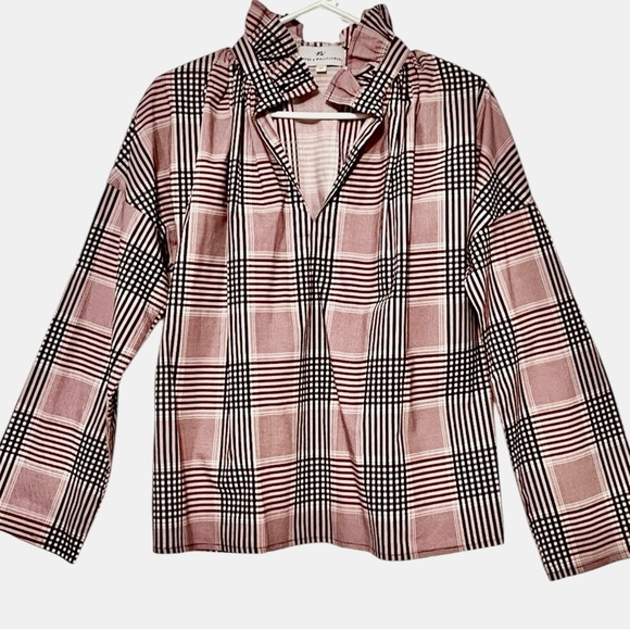 NEVER A WALLFLOWER Ruffle V-neck Maroon Purple White Plaid Shirt Preppy Top